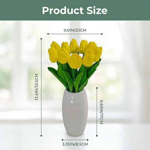 10 Stems Pink Real-Touch Artificial Tulips with Premium Glazed Ceramic Vase – Modern Farmhouse Table Centerpiece（ Premium Vase+Pink - color: Premium Vase+pink
