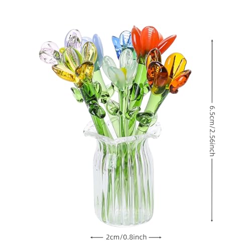 7 Pcs Mini Glass Daisy Flower Hand Blown Glass Artificial Flowers with Clear Vase Crystal Tulip Bouquet Collectible Ornament for Women Mom Wedding Home Table Centerpiece (Green) - color: Green
