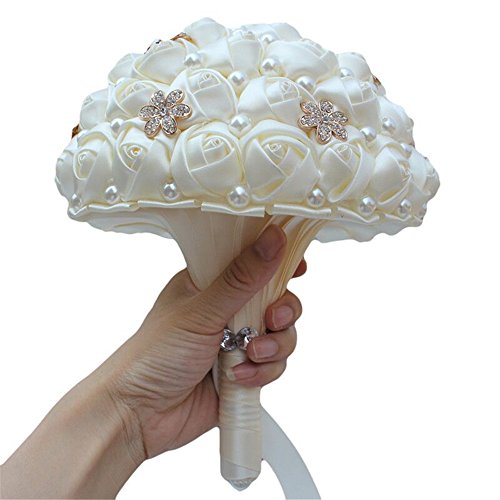 S_SSOY Wedding Bouquet Bride Bridal Brooch Bouquets Bridesmaid Ivory Cream Gold Bouquet Diamond Pearl Ribbon Valentine's Day Confession Party Church with Free Corsage Flower, 15x23cm - size: 15x23cm
