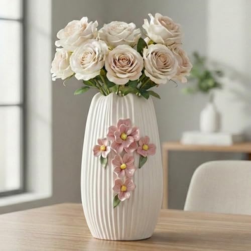Ceramic Flower Vase - 9 Inch White Modern Vase for Pampas Grass, 3D Floral Vase for Living Room, Kitchen, Easter Table, Dining Room, Table Decor - color: White and Pink, size: 9 inch