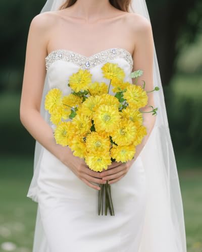 Coferset 6pcs Artificial Silk Mums Flowers Realistic Chrysanthemum Stems 22" Fake Gerbera Daisy for DIY Bouquet Centerpieces Floral Arrangements Vase Fillers Wedding Shower Decorations(Yellow) - color: Yellow
