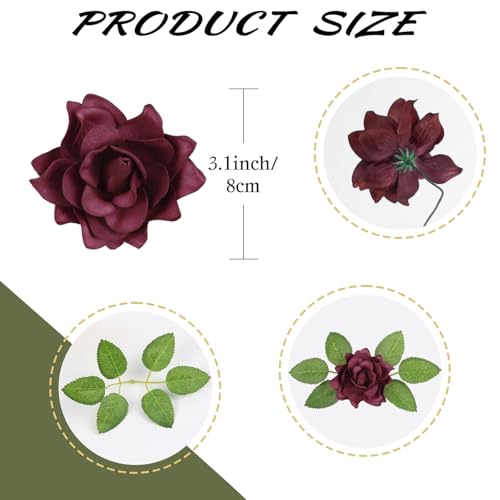 IPOPU Artificial Gardenia Flowers 25PCS 3.15’’ Burgundy Artificial Foam Roses Bulk Fake Flower Heads with Stems for DIY Wedding Bouquets Party Home Centerpieces Decor(Burgundy) - color: Burgundy