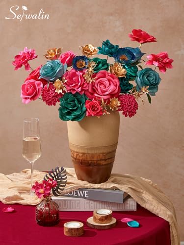 Serwalin Artificial Flowers, Hot Pink & Teal Fake Silk Flowers for DIY Wedding Bridal Bouquets Faux Cake Flowers for Table Centerpieces Party Baby Shower Floral Decorations - color: A Gorgeous Hot Pink & Teal, size: 1 Box