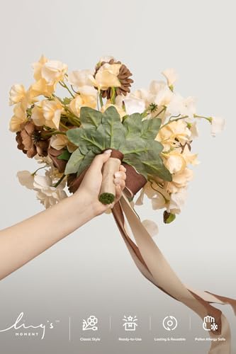 Ling's moment Wedding Bouquets for Bride, Earth Brown & Butter Yellow Bridal Bouquets for Bride, 13 Inch Free Form Artificial Wedding Flower Bouquet for Rustic Wedding Ceremony Anniversary - color: Brn- Earth Brown & Butter Yellow, size: Small 13 Inch