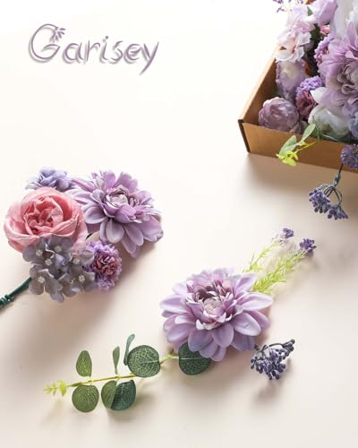 Garisey Artificial Flowers Combo Box Set Purple Fake Silk Flower for DIY Wedding Bouquet Arrangements Bridal Shower Party Home Decorations(White Purple Peony) - color: White Purple Peony