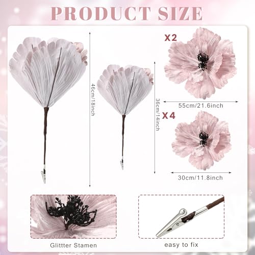 Janinka 6 Pcs Extra Large Wedding Flowers 22'' 12'' Pink Magnolia Artificial Flowers Velvet Wedding Tree Decoration Large Xmas Artificial Poinsettia Ornaments for Xmas Tree Wreath Garland - color: Pink, style: Stylish