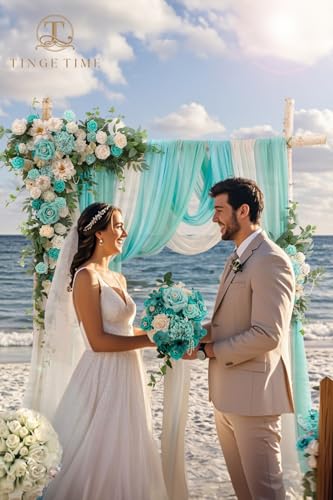 TINGE TIME Wedding Arch Flowers Kit - Deluxe 5pcs Artificial Floral Swag with 3 Sheer Drapes, Realistic Silk Flower Arrangements for Wedding Ceremony Arbor Backdrop Reception Party Home Decor - color: Teal Green & Champagne
