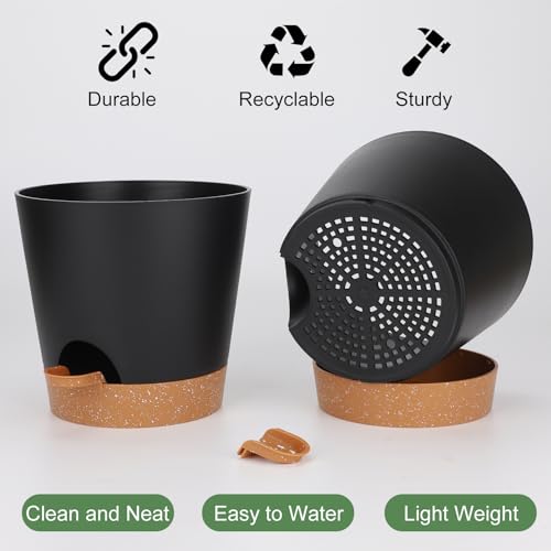 YNNICO 8-Inch Plant Pots, Self-Watering Planters with Drainage Holes & Saucers for Indoor and Outdoor Plants (2-Pack,Black) - color: Black, size: 8 inch