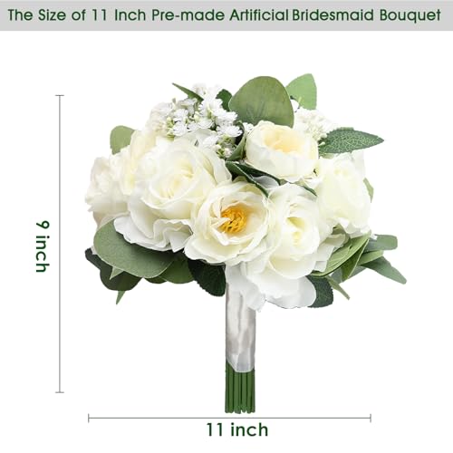Wedding Bouquets for Bride, 11 Inch Bridesmaids Bouquets Artificial Flower Bouquets for Wedding Ceremony Bridal Shower Decorations - White - color: Ivory White