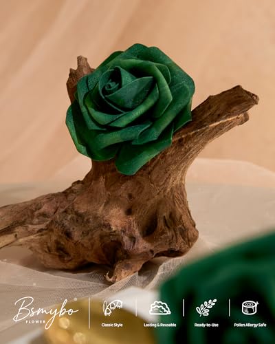 BSMYBO 23pcs Green Flower Artificial Roses Faux Flowers with Stems Mix Fake Roses Dahlia Chrysanthemum Ball for Wedding Bridal Bouquets, Table Centerpieces, Baby Shower, Party, Home Decorations - color: Dark Green, size: PureBlooms