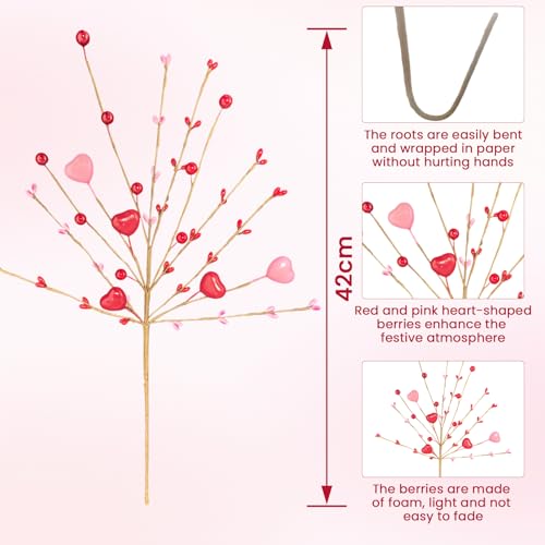 6 Pcs Artificial Berry Stems Pink Red Heart Shaped Flowers for Vase, Faux Branches for Wedding Anniversary Valentine’s Day Romantic Home Table Centerpieces Decor