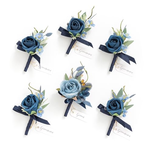 Ling's moment Boutonniere for Men, 6pcs Groom Groomsmen Boutonniere, Artificial Flowers for Wedding Decor/Prom/Homecoming, etc.Blue - color: Blu-blue
