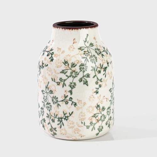 Beige and Green Vintage Rustic Ceramic Vase,Handcrafted Farmhouse Decorative Vase, Easy to Clean Perfect for Flowers Wedding Centerpiece or Shelf Decor 8Inch - size: 8.1In