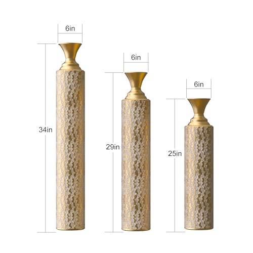 Metal Floor Vases Decorative, Set of 3 Flower Arrangement Stand, Metal Decorative Vase Tall Distressed Metallic Centerpiece Vases with Growing Vine Patterns, 34", 29", 25" H (Antique Gold1) - color: Antique Gold1