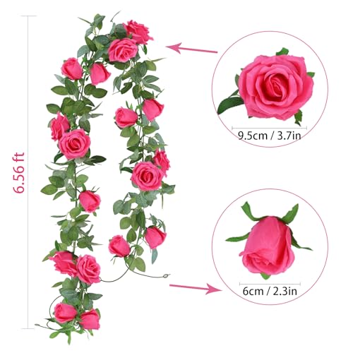 Felice Arts 2 Pack Hot Pink Artificial Floral Garland Each 6.5FT Fake Rose Vine Hanging Spring Garland for Wedding Party Background Table Arrangement Room Teepee Mirror Decor - color: Hot Pink