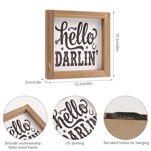 flangairy Western Wall Decor Hello Darlin Wooden Sign, 6 Inch Cowboy Southwest Wall Art, Rustic Wood Plaque for Table Desk Shelf Bathroom Bedroom Southwestern Farmhouse Home Decorations - color: hello darllin