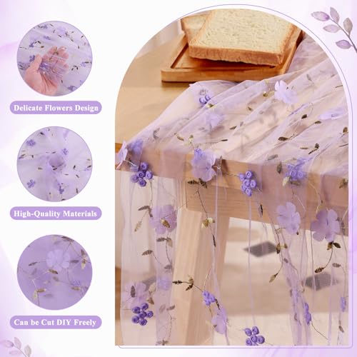 Embroidery Floral Table Runner Rustic Spring Summer Wildflower Tulle Table Runner Vintage Flower Kitchen Dining Tabletop Runners Decoration for Home Wedding Party, 108x24.5 Inch (Purple) - color: Purple, size: 108*24.5 inch