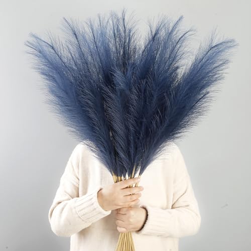12 Pcs Navy Blue Faux Pampas Grass Decor 38"/3.1FT Tall Fake Pompas Floral Large Artificial Pompous Grass Branches Plants for Floor Vase Filler Home Boho Decoration - color: Navy Blue