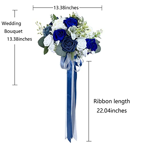 CherishedMoments Bridal Wedding Bouquet, 13.5 Inch Navy Blue Artificial Flowers Bridal Cascading Bouquets,Seaside Beach Wedding Bouquets for Wedding Ceremony and Anniversary - color: Navy Blue