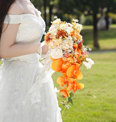 10.2 Inch Cascading Bridal Bouquet for Bride Artificial Orange Rose Flower Fall Cascade Bridal Bride Wedding Bouquet Flower Wedding Orange and Champagne - color: Orange & Champagne