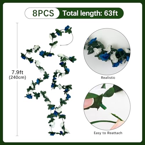 8Pcs 63Ft Blue White Rose Garland, Fake Flower Vines, Artificial Vine Flowers, Rose Hanging Garland for Party Wedding, Garden, Room Table, Christmas, Backdrop Wall Arch Decor - color: White Blue, size: 8Pcs-63Ft