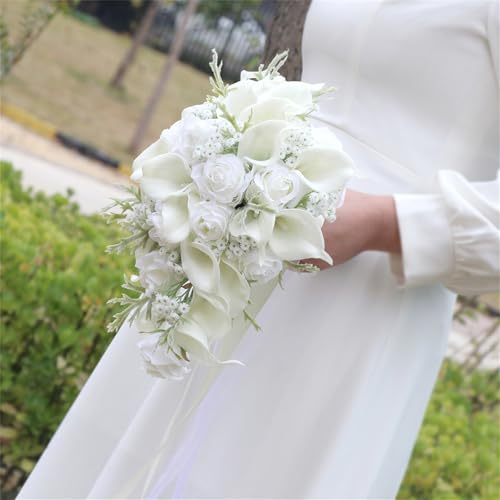 Wedding Bouquets for Bride Artificial White Calla Lily Water Drop Waterfall Bouquets Bridal Cascading Bouquet Flowers for Wedding Bridal Shower Ceremony Anniversary (White Bouquets) - color: White Bouquets