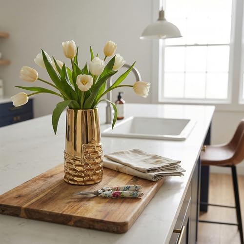 LCCCK 7.0" Gold Hammered Vase Home Decor, Elegant Ceramic Gold Flower Vase for Pampas Grass Decorative, Boho Small Cylinder Vases Centerpiece, Dining Table Living Room Jarrones Art - color: Green and Gold