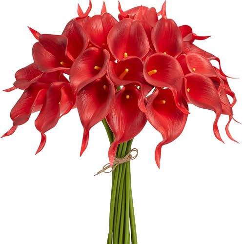 Artificial Calla Lily 12Pcs Red Real Touch Faux Flowers for Wedding Bouquet, Bride Bridal Shower, Spring Home Kitchen Table Decor, Fake Lilies for Centerpieces, Party Decorations - color: Wine Red