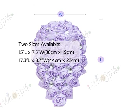 Luxury Cascade Bridal Wedding Bouquet Satin Rose Waterfall Holding Bouquet Artificial Flower Bunch for Bride Bridesmaid(Ivory, Purple & Light Purple, 17.3" x 8.7") - color: Ivory, Purple & Light Purple, size: 17.3"L x 8.7"W(44cm x 22cm)
