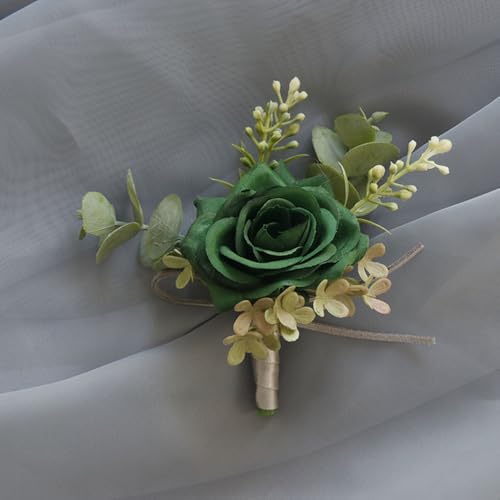 Alizeal 2Pcs of Wrist Corsage and Boutonniere Set, Artificial Flowers Accessories Suit Decor for Wedding Prom Party Homecoming Ceremony, Dark Green - color: 701-dark Green