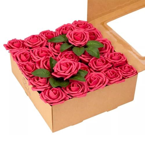 Artificial Fuchsia Foam Roses with Stems & Leaves - Pack of 50, Perfect for Wedding Centerpieces, Event Decor, DIY Bouquets, and More - color: Fuchsia