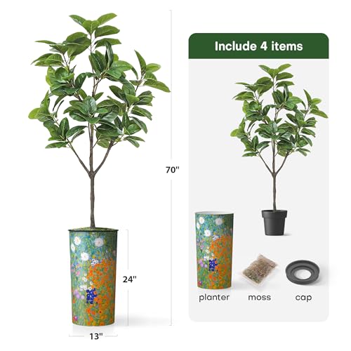 Artificial Tree in Colorful Flower Pattern Planter, Fake Magnolia Tree for Indoor and Outdoor Home Decoration - 70" Overall Tall (Plant Pot Plus Tree) - style: Magnolia Tree