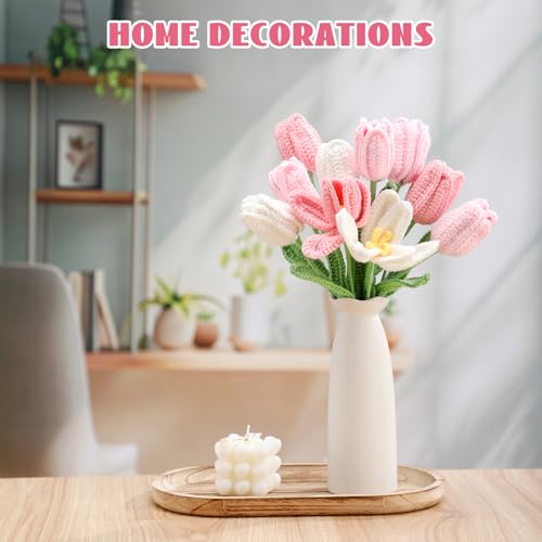 Shihanee 10 Pcs Tulip Crochet Flowers Bouquet Handmade Knitted Flower Decor Birthday Gifts for Mom Mother's Day Women Grandma Spring Home Vase Centerpiece, 13.7"(Pink, White) - color: Pink, White