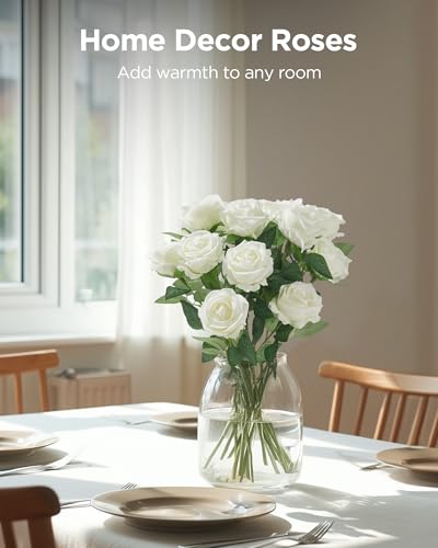 InnoGear 50 Pcs White Roses Artificial Flowers, Fake Velvet Silk Rose Bulk Faux Flower for Mother's Gift Decoration DIY Wedding Centerpieces Proposal Bridal Bouquets Party Floral Decor (50, White) - color: White