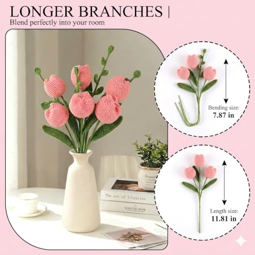 Handmade Crochet Pink Tulip Bouquet, Knitted Eternal Flower Arrangement with Gift Wrap, Pollen-Free Artificial Flowers for Valentine’s Day, Mother’s Day, Graduation, Birthday Gift - color: Pink