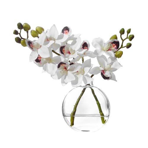 Artificial White Orichid Artificial Flowers in Clear Glass Water‑Filled Vase – Silk Fake Plants Table Centerpiece for Home, Shelf, Office & Dining Decor, Maintenance‑Free - color: White