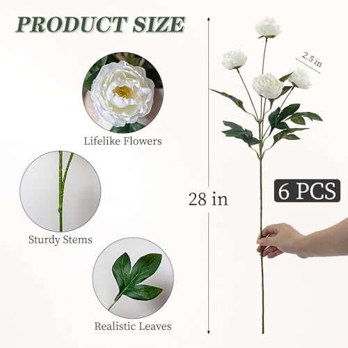 6 Pcs Faux Peony Artificial Flowers for Vases, 28" Long Stem Fake Silk Peonies for DIY Bouquet, Table Centerpieces, Farmhouse, Home Decor (White)