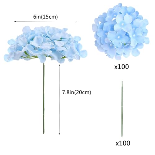 WEISPARK 100PCS Artificial Hydrangea Flowers, Fake Flowers Silk Hydrangea Full Flowers Heads with Stems for Wedding Home Party Shop Baby Shower Decor (Blue) - color: Blue