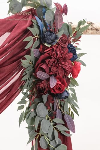 Floroom Arch Flowers with Drapes Kit (Pack of 4) - 2pcs Artificial Burgundy & Navy Blue Floral Swag Arrangement with 2pcs Draping Fabric for Wedding Ceremony Arbor and Reception Backdrop Decoration - color: Burgundy & Navy Blue