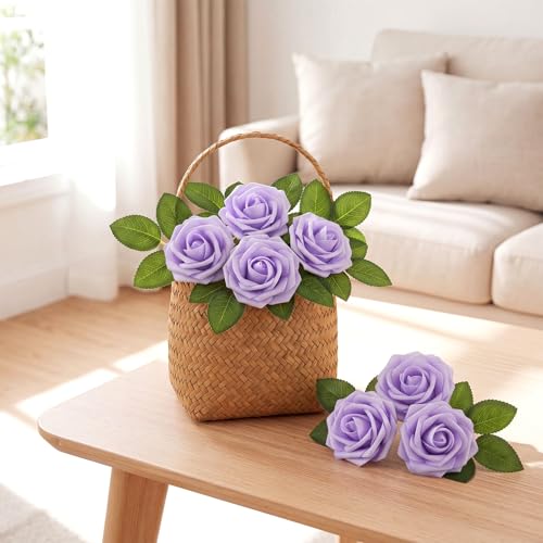 50 Pcs Artificial Foam Rose Flower Faux Bouquet Wedding Fake Rose Gift for Mother's Day Women DIY Bridal Shower Party Table Birthday Home Spring Decor (Lavender) - color: Lavender