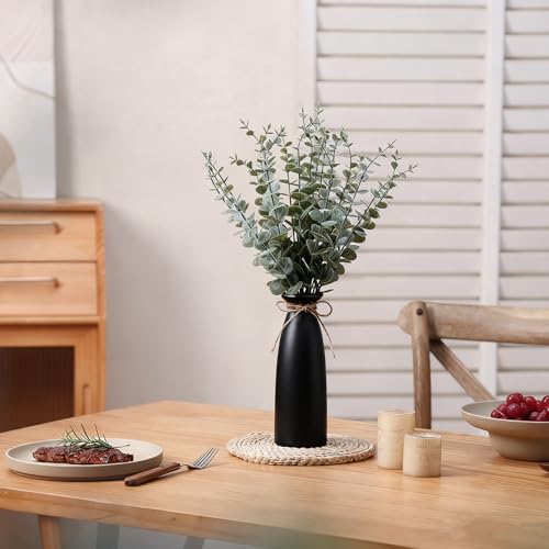 Vase with Greenery, 20pcs Artificial Eucalyptus Stems in Black Vase, Fake Plant Home Decor, 19" Decorative Faux Plants for Home Farmhouse Mantle Centerpiece Decor - color: Black