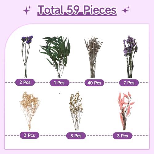 2 Pack Large Dried Flower Bouquets 15.7 inch Lavender Baby Breath Forget Me Not Boho Wedding Decor DIY Home Decorations Preserved Floral Arrangement Gifts Purple, Pink - color: Purple, Pink