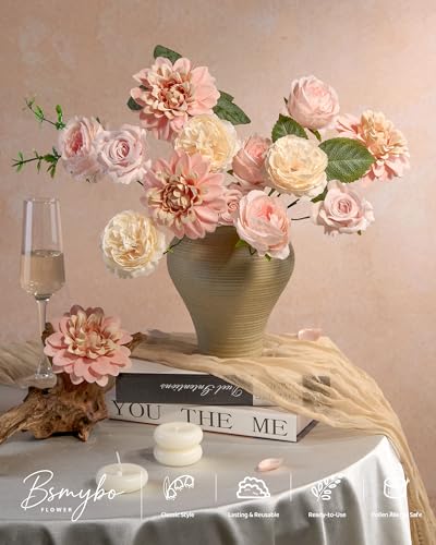 BSMYBO Artificial Pink Flowers Fake Roses Peony Dahlia Combo Box Set Gradient Blush Pink Flowers Leaf with Stems for DIY Wedding Bouquets Table Centerpieces Baby Shower Bridal Party Home Decorations - color: Baby Pink, size: PureBlooms