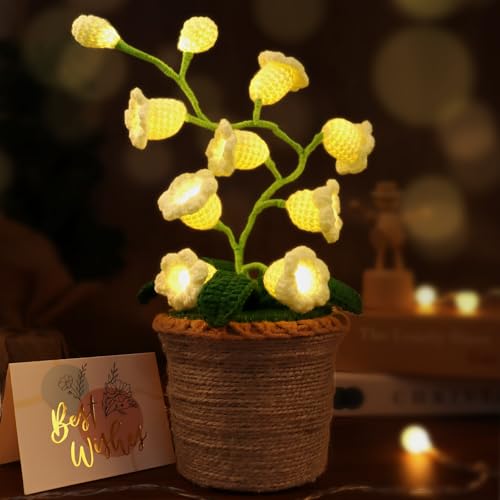 Lily of The Valley Lamp, Crochet Artificial Flowers with 10 Little Night Lights, Cordless Flower Bedside Lamps Small Table Lamp for Mothers Day,Birthday Gifts,Christmas,Valentine Home Decor (White) - color: White