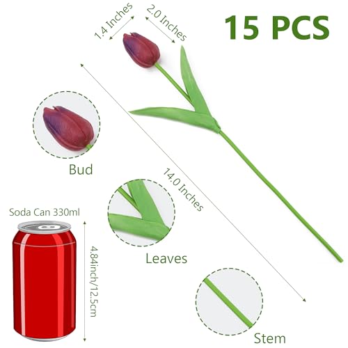 SITUMEIZI 15pcs Tulips Fake Burgundy Artificial Flowers Real Touch 14" PU Flower for Home Decor Easter Spring Wedding Bouquet Decorations Mother's Gift Day Floral Arrangements - color: Burgundy