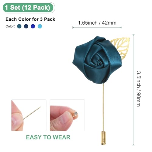 M METERXITY 1-Set Flower Lapel Pins for Men, Golden Leaf Rose Boutonnieres Pin for Wedding/Dance/Party, Mens Lapel Pins for Suits Satin Flower Corsage Hat Pins [Blue Set] - color: Sapphire Blue, Blue, Indigo, Navy Blue