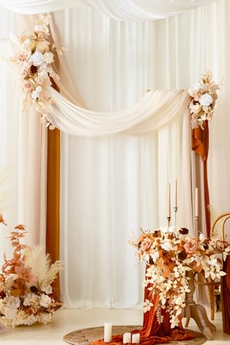 Ling's moment Spring Wedding Arch Flowers Kit Pack of 4, 2pcs Hanging Flower Arrangement 2pcs Chiffon Drapes Ceremony Fake Rose Arbor Backdrop Artificial Floral Outdoor Decorations, White Beige - color: Wht-white & Beige & Gold