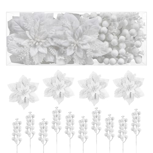 Alupssuc 24 Pieces Christmas Tree Decorations, 12 PCS White Poinsettia Flowers Artificial and 12 PCS Glitter Christmas Tree Picks for Christmas Decorations Party Wreath Fireplace Stairs, White - color: White