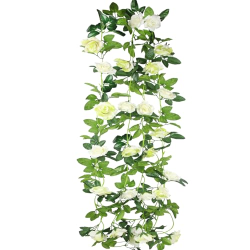 2 Pcs Artificial Rose Flower Garland Outdoor White 15.8ft Fake Vines Silk Flowers Hanging Rose Ivy Vines for Bedroom Wedding Arch Decor Flower Garland for Backdrop Wall Party Garden Centerpiece - color: White