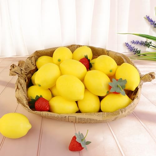 16PCS Simulation Lemon Fake Fruit Realistic Kitchen Fruit Ornaments Home Kitchen Table Ornaments Glass Jar Filler, Thanksgiving, Christmas Home Decoration (Yellow Lemon) - size: 16PCS